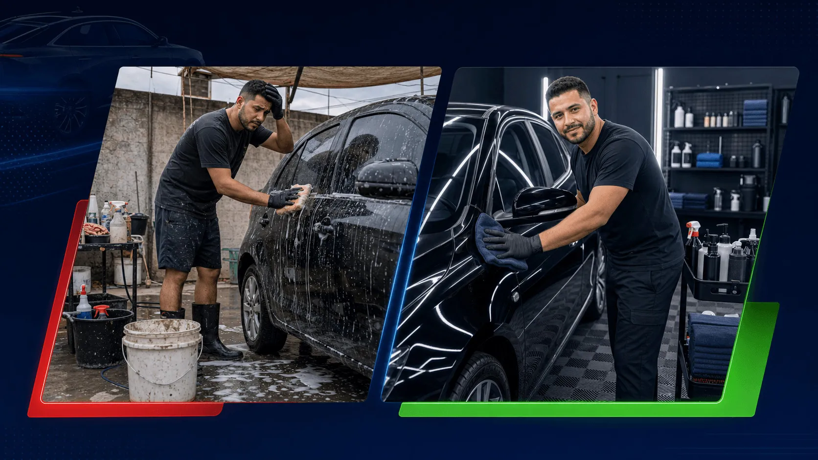 Comparação antes e depois com homem aplicando o método Lavagem Inteligente na lavagem automotiva.
